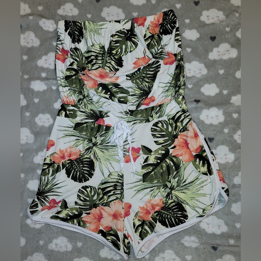 Stella Tweed tropical print tube romper womens size L